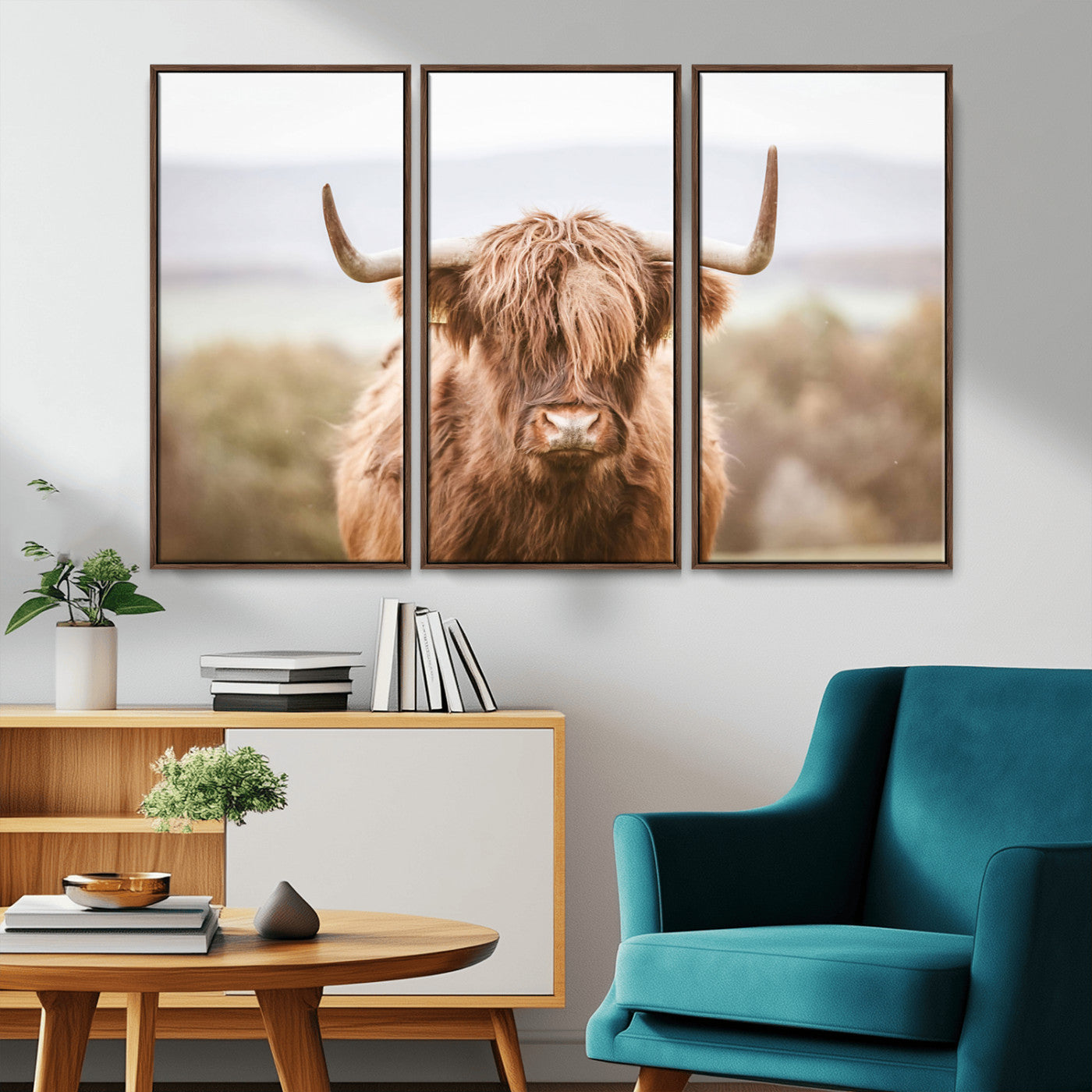 MGV-FC-48X32-3P - Scottish Serene Highland Cow Canvas Wall Art – Serene Highland Cow in Natural Pastel Tones – Ready