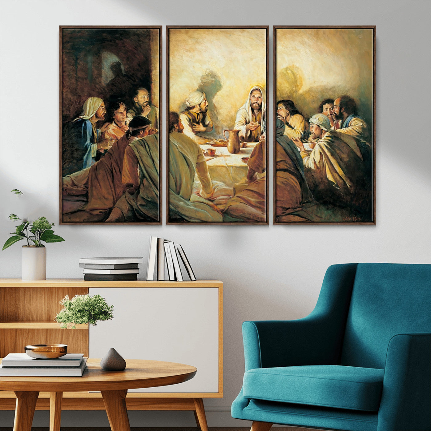 Framed canvas print of the Last Supper, depicting Jesus and his disciples, perfect for religious or Christian-themed home decor.