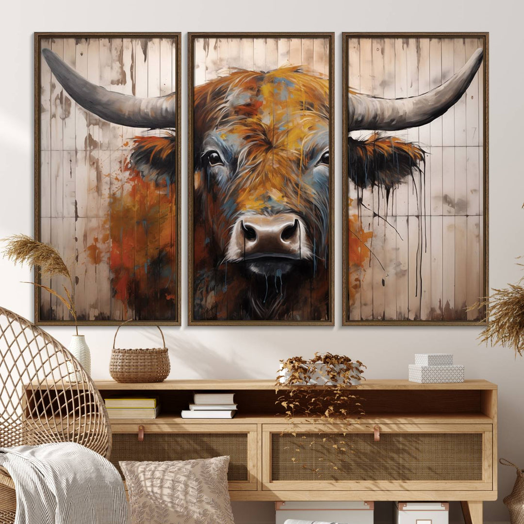 Scottish Highland Cow Cattle Art Print on Wood Style Background
