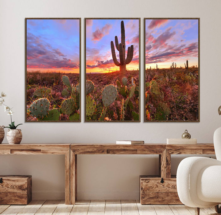 The Arizona Desert Sunset Wall Art Canvas Print featuring cacti is displayed.