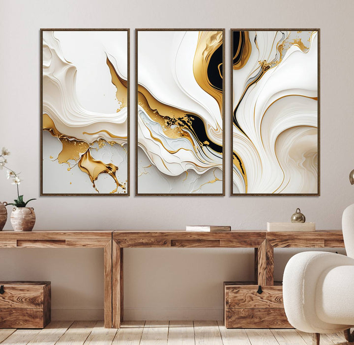 Modern interiors showcase Gold Waves on Pure White Canvas.