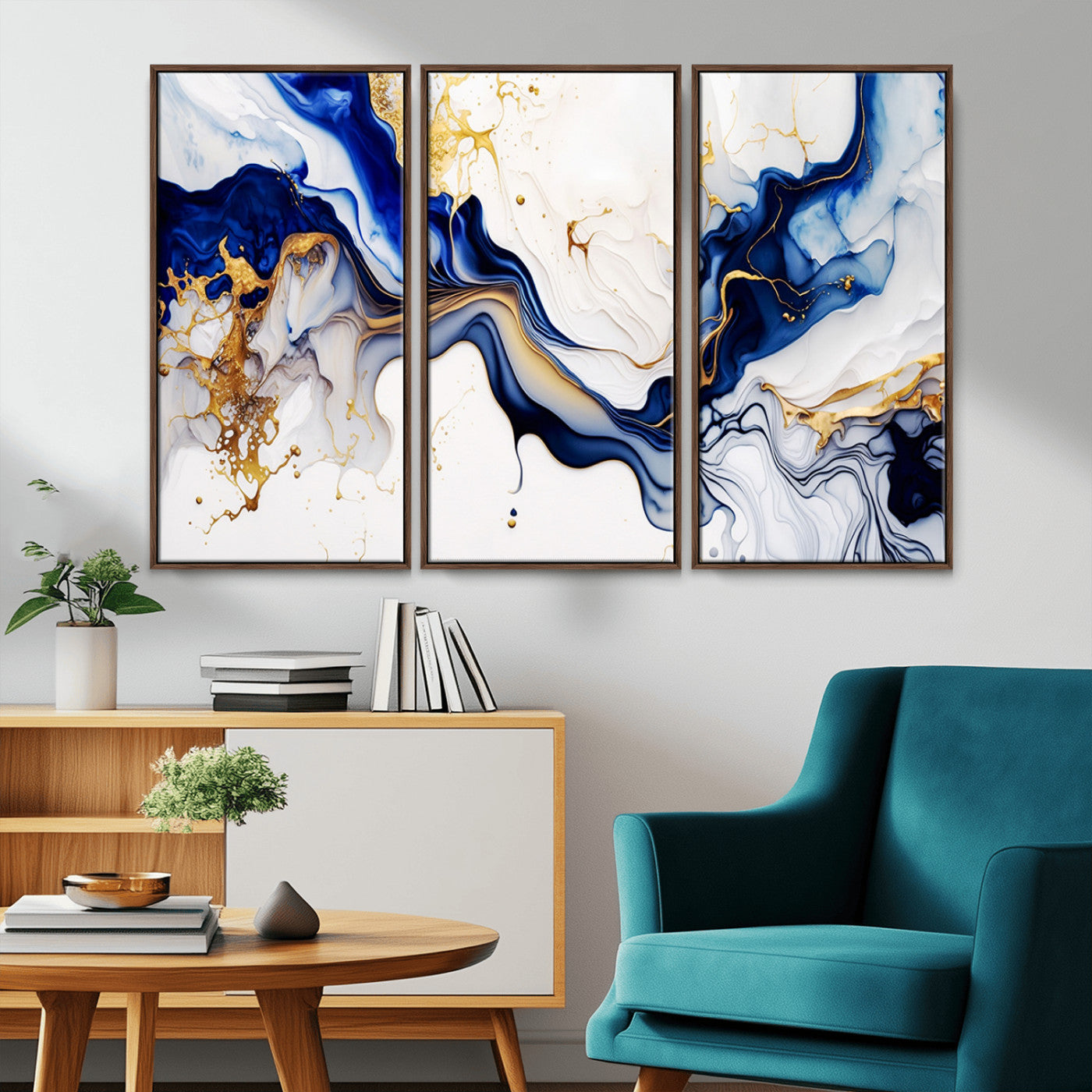 MGV-FC-48X32-3P - Golden Cascades on Midnight Blue – Deep Blue Abstract Wall Art Flowing Elegance | Wall Art Canvas,