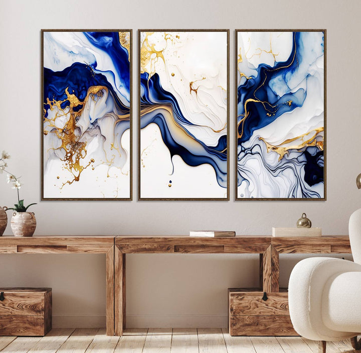 Golden Cascades on Midnight Blue wall art swirls above, featuring gold and white accents.