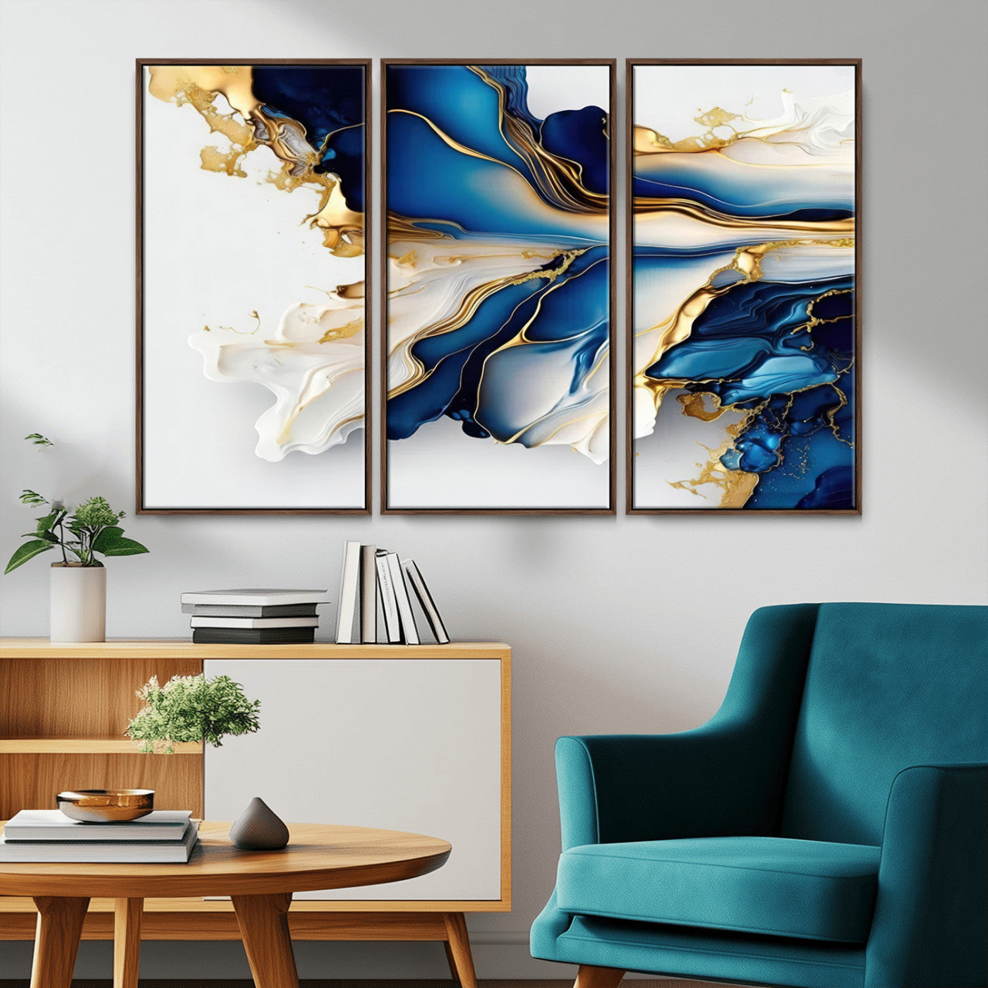 MGV-FC-48X32-3P - Gold Marble Art - Abstract Geode Gold And Blue Marble Shape 3 Pieces Wall Art Canvas Print