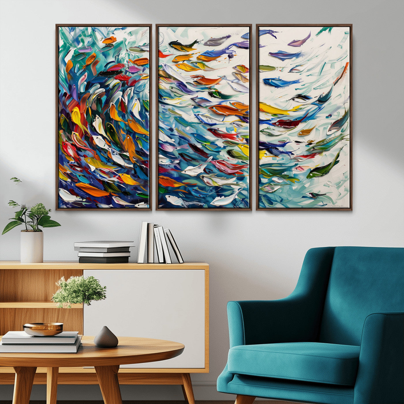 MGV-FC-48X32-3P - Modern Abstract Fish Shoal Wall Art Canvas Print, Colorful Fish Herd Painting on Canvas Print, Ocean