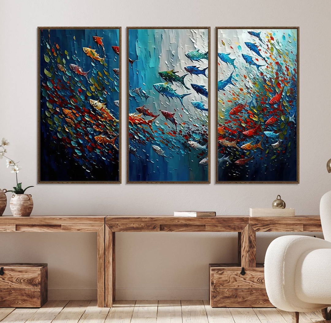 Modern Abstract Fish Shoal Wall Art features blue, red, and orange fish.