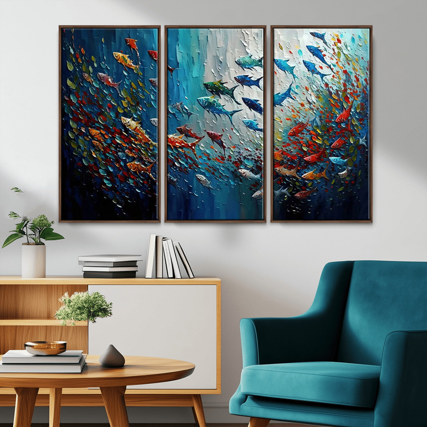 MGV-FC-48X32-3P - Modern Abstract Fish Shoal Wall Art Canvas Print, Colorful Fish Herd Painting on Canvas Print, Ocean