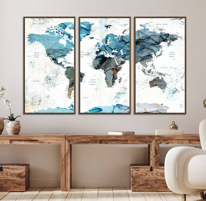 Push Pin World Map Wall Art Canvas Print adds a touch of elegance to the home decor.