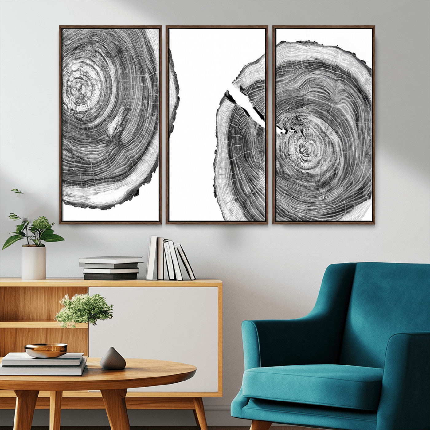 MGV-FC-48X32-3P - Modern Black and White Tree Rings Canvas Wall Art – Nature Inspired Wood Slice Print – Minimalist