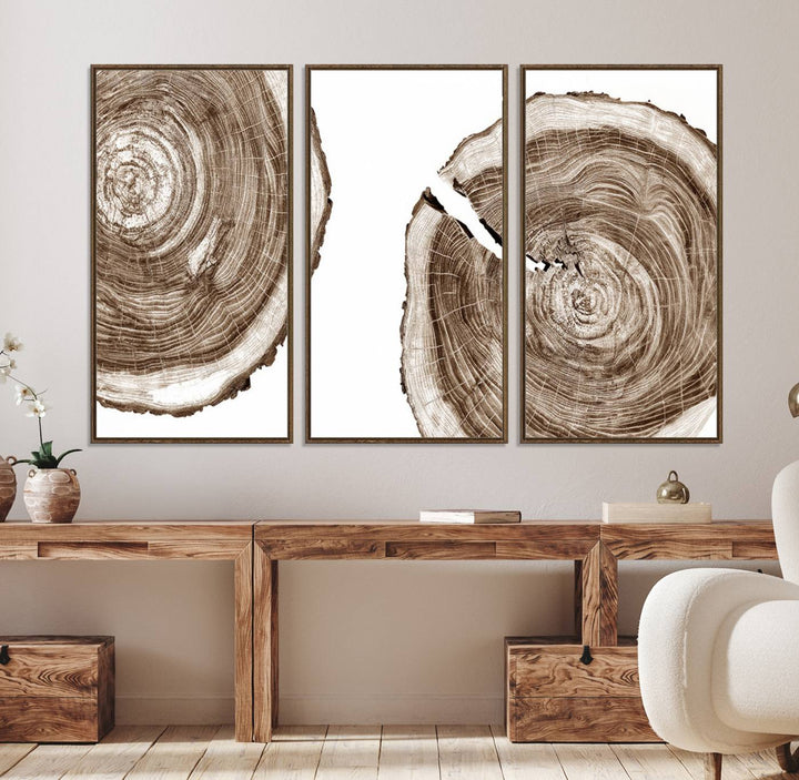 Wood Tree Ring Wall Art on a minimalist black and white canvas.