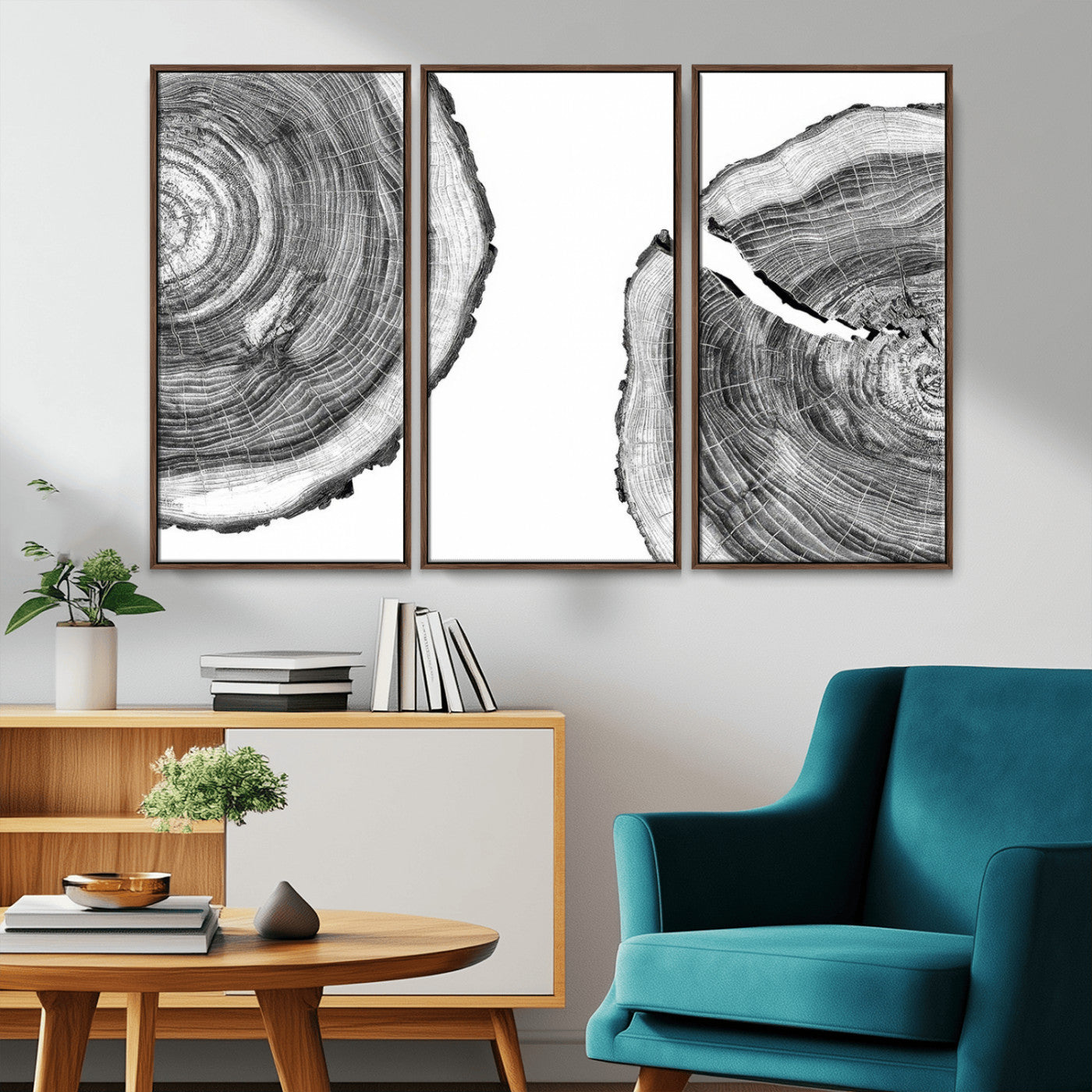 MGV-FC-48X32-3P - Abstract Large Tree Rings – Minimalist Black and White Wood Art | Triptych Canvas, Modern Wall Decor