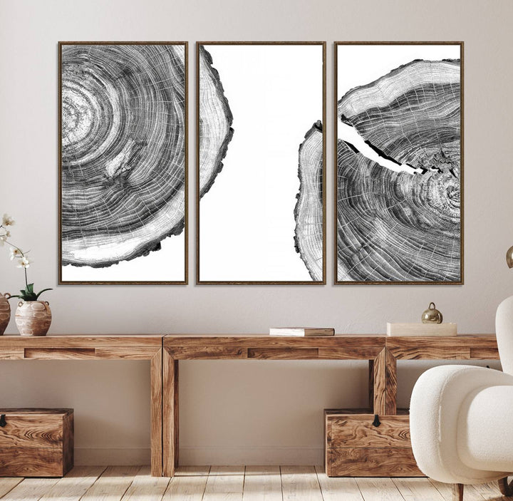 The minimalist art piece Abstract Large Tree Rings on canvas creates a striking focal point.