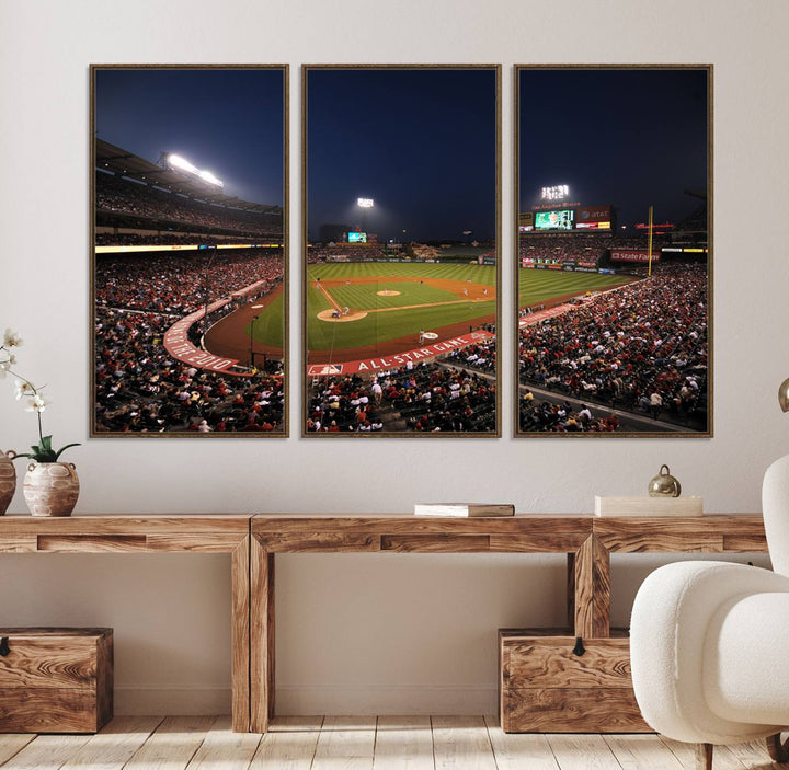 Aerial view of an LA Angels game at night, captured as stunning wall art on premium canvas, handmade in the USA.