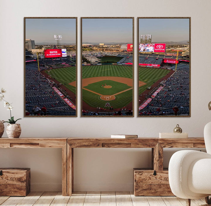 Aerial view of Angel Stadium, perfect as gallery-quality wall art - Los Angeles Angels Canvas Print.