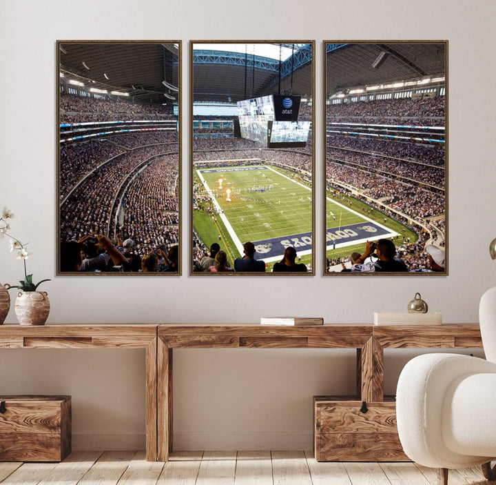 The wall art is a Dallas Cowboys AT&T Stadium Canvas Print, showcasing the iconic logo.