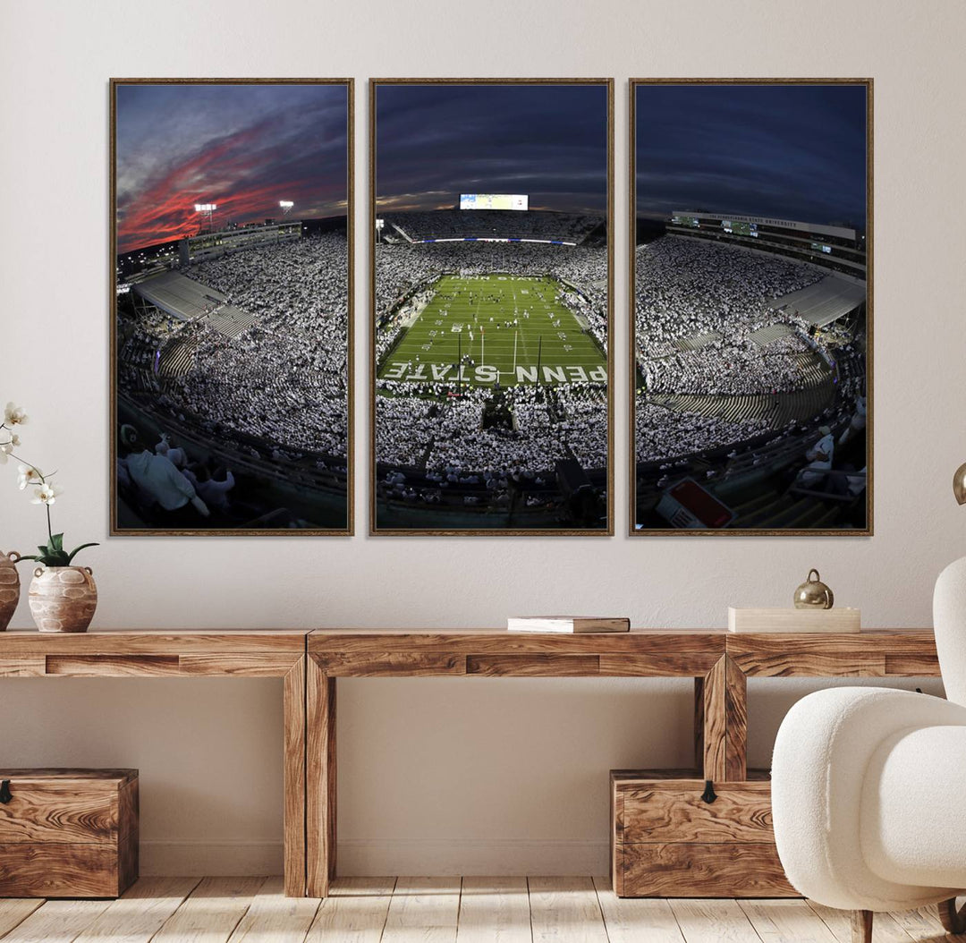 Canvas art capturing the packed Beaver Stadium at dusk, with Penn State emblazoned on the field and a sea of white-clad fans—true perfection.