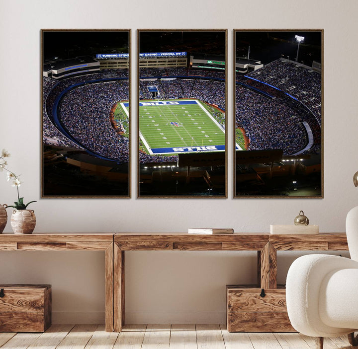 Aerial view of football stadium at night, featuring Buffalo Bills Highmark Stadium Wall Art.