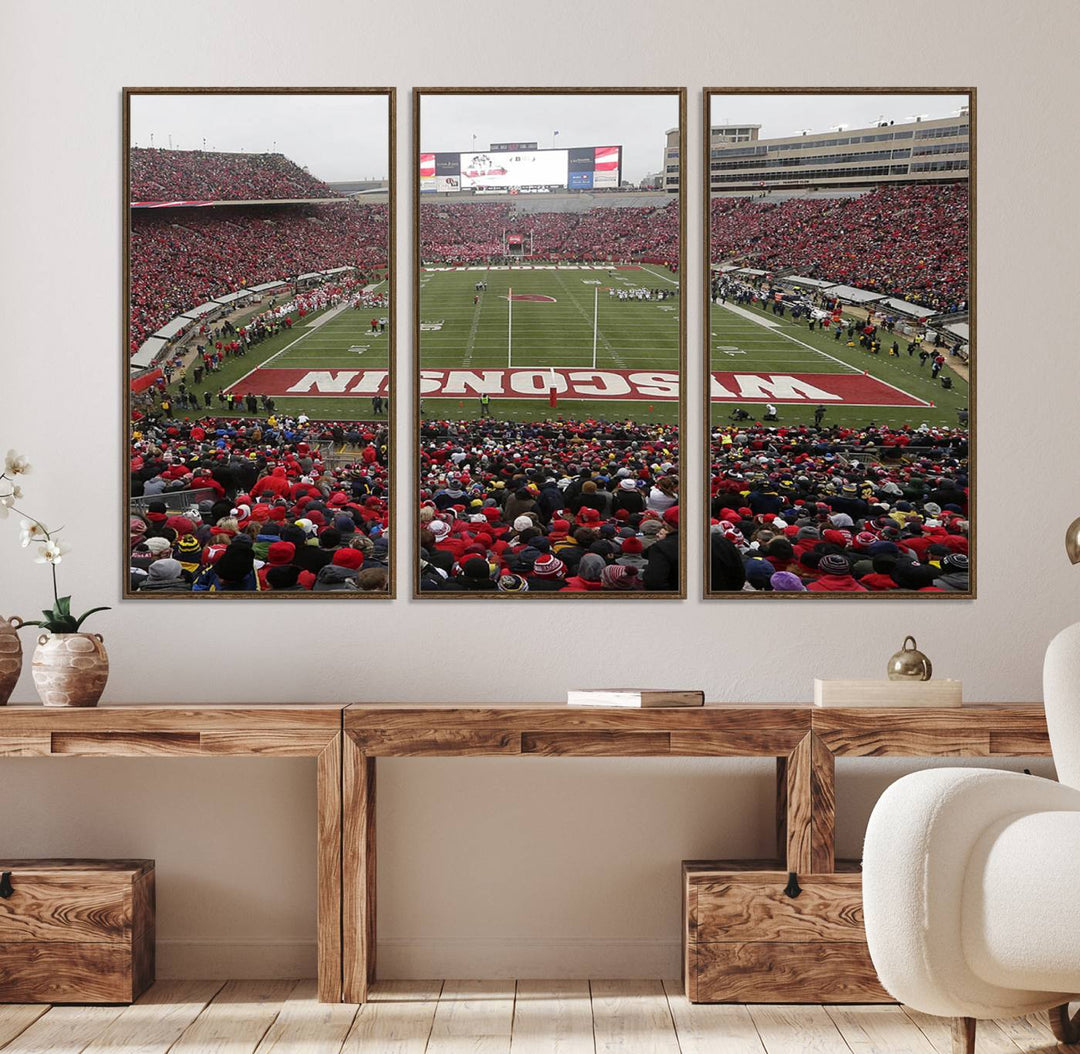 The wall art depicts WISCONSIN in red and white, similar to Wisconsin Badgers Football Canvas Art.