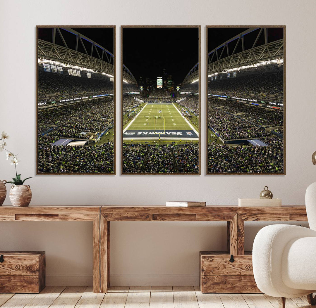 Handmade Seattle Seahawks Stadium Canvas Wall Art Print featuring an aerial view of Night football at CenturyLink Field marked Seahawks.