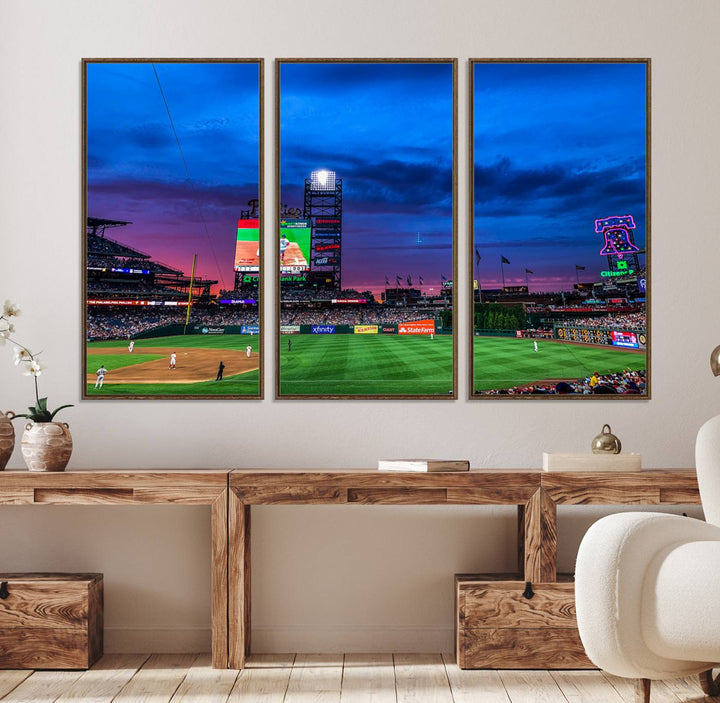 The Phillies canvas print captures a stunning sunset, vibrant signage, and players on the field.