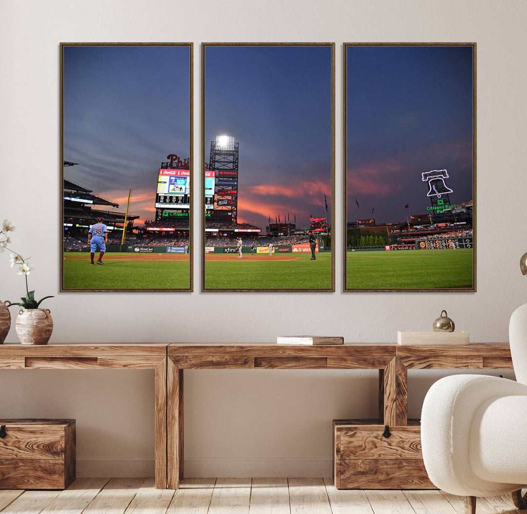 Philadelphia Phillies at sunset: Citizens Bank Park captured in a charming canvas wall art print.