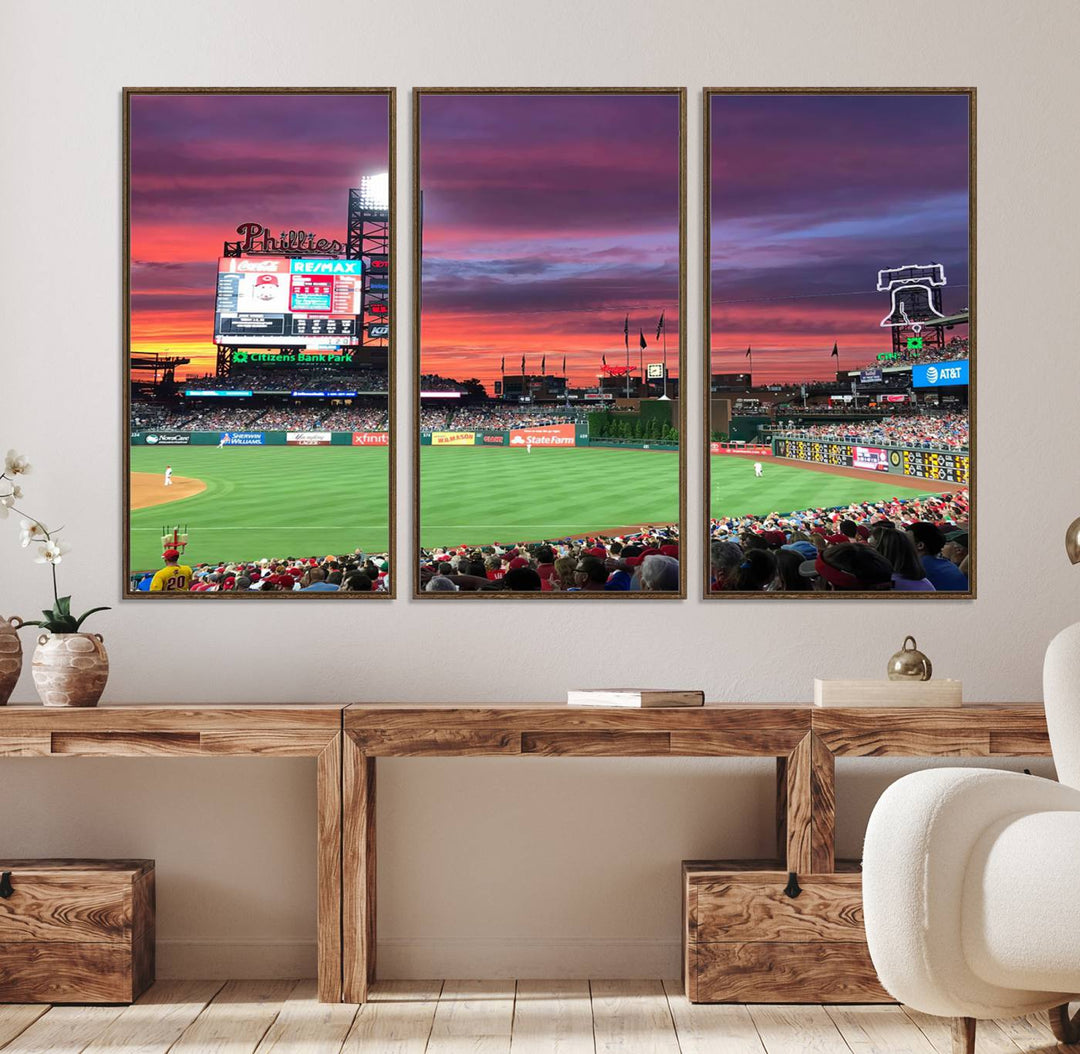 The Philadelphia Phillies canvas print showcases Citizens Bank Park at sunset with a crowd and scoreboard.