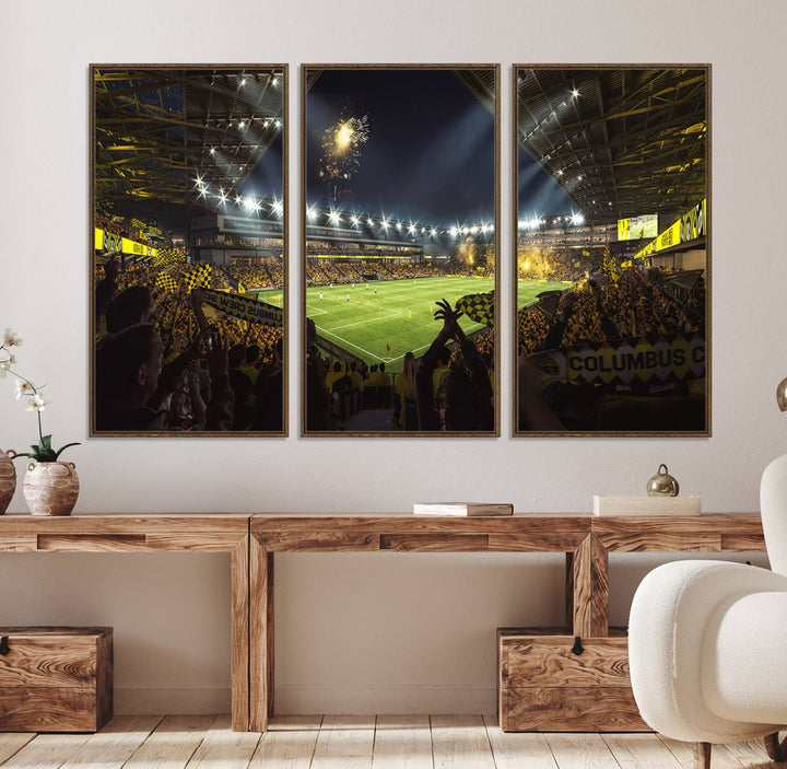 The wall art canvas print captures a packed soccer stadium scene with fans and fireworks.