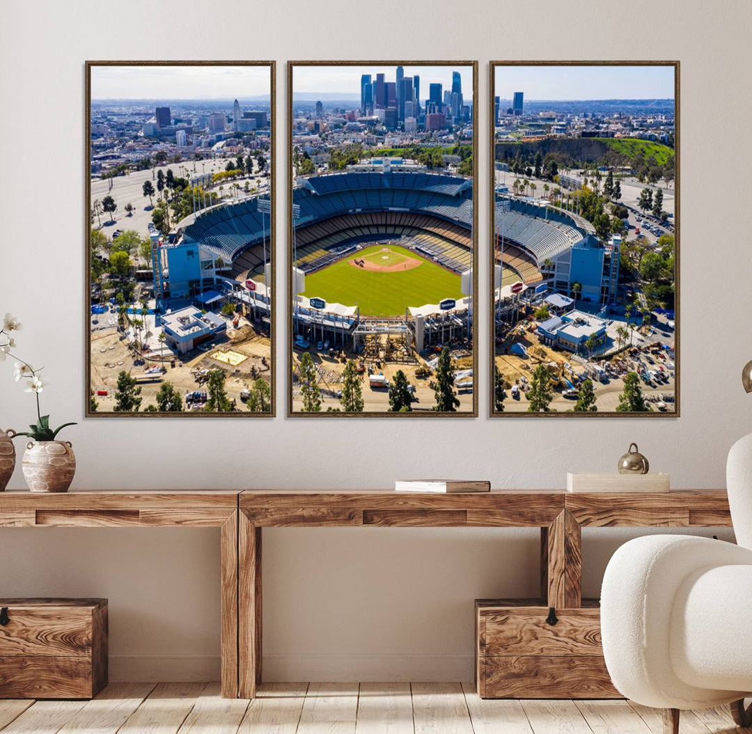 Aerial view of Dodger Stadium city skyline on a premium Los Angeles Dodgers MLB canvas print.