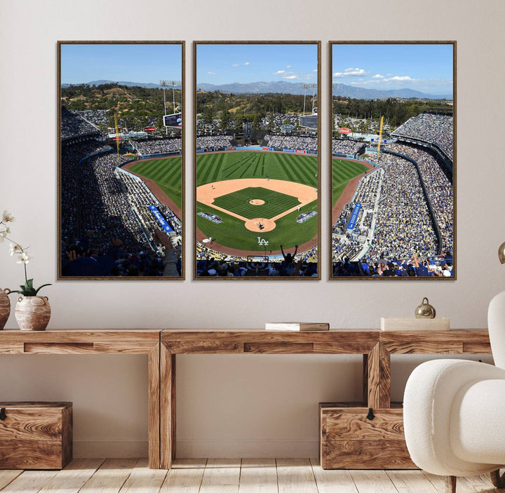 Aerial view of Dodger Stadium captured in gallery-quality on a Dodgers wall art canvas.