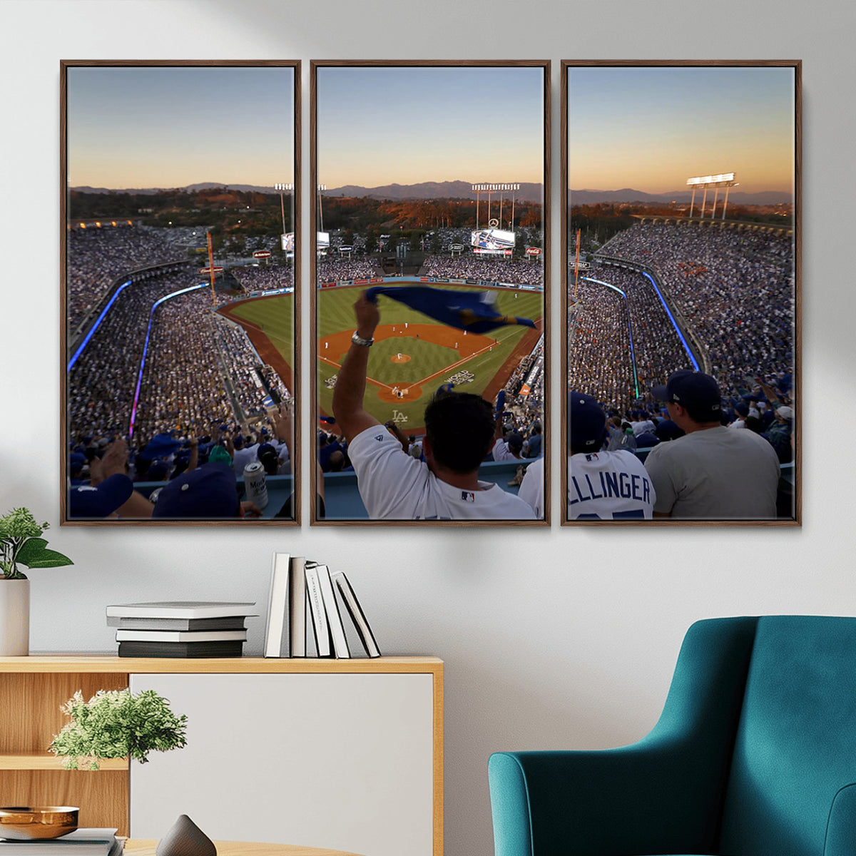 60162-MGV-CV-36X24 - Dodger Stadium Sunset Game Triple Canvas Wall Art, Los Angeles Dodgers MLB Match