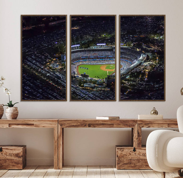 Aerial view of a lit stadium at night, featuring the Los Angeles Dodgers Dodger Stadium Wall Art.