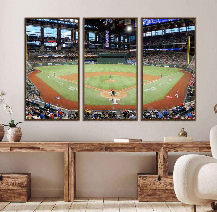 Admire the Texas Rangers Wall Art showcasing Globe Life Fields covered stadium and its lively crowd.