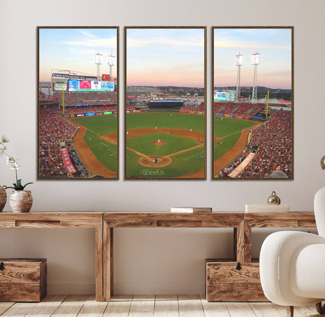 Cincinnati Reds game at sunset: Stadium wall art canvas.