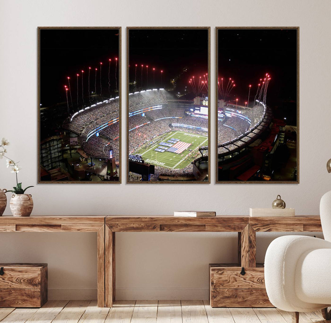 Aerial view of Gillette Stadium with fireworks and flag—ideal for a New England Patriots canvas print.