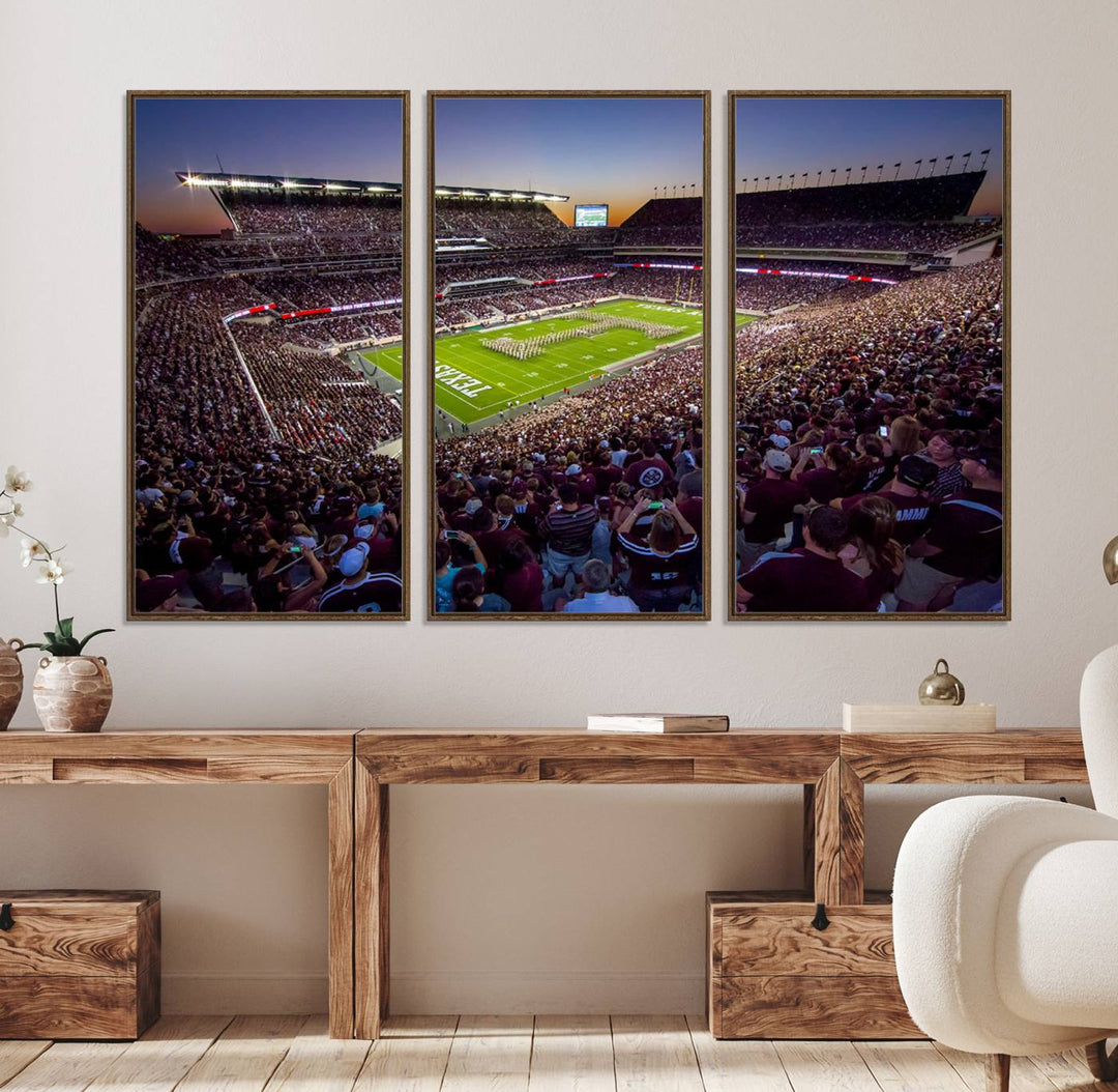 A vibrant canvas print of Texas A&M Aggies at College Stations Kyle Field Stadium captures the energy of fans cheering as the band marches at sunset.