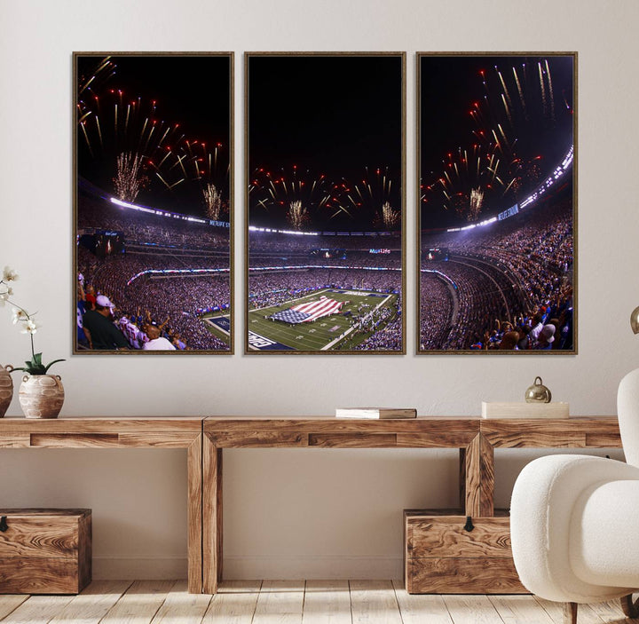 A vibrant wall art piece in MetLife Stadium features a stunning American flag design, capturing the spirited atmosphere of game day.