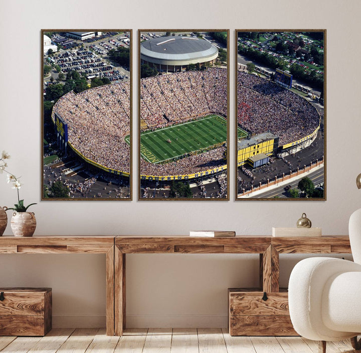 Aerial view of Michigan Wolverines college football culture on a stadium canvas wall art.