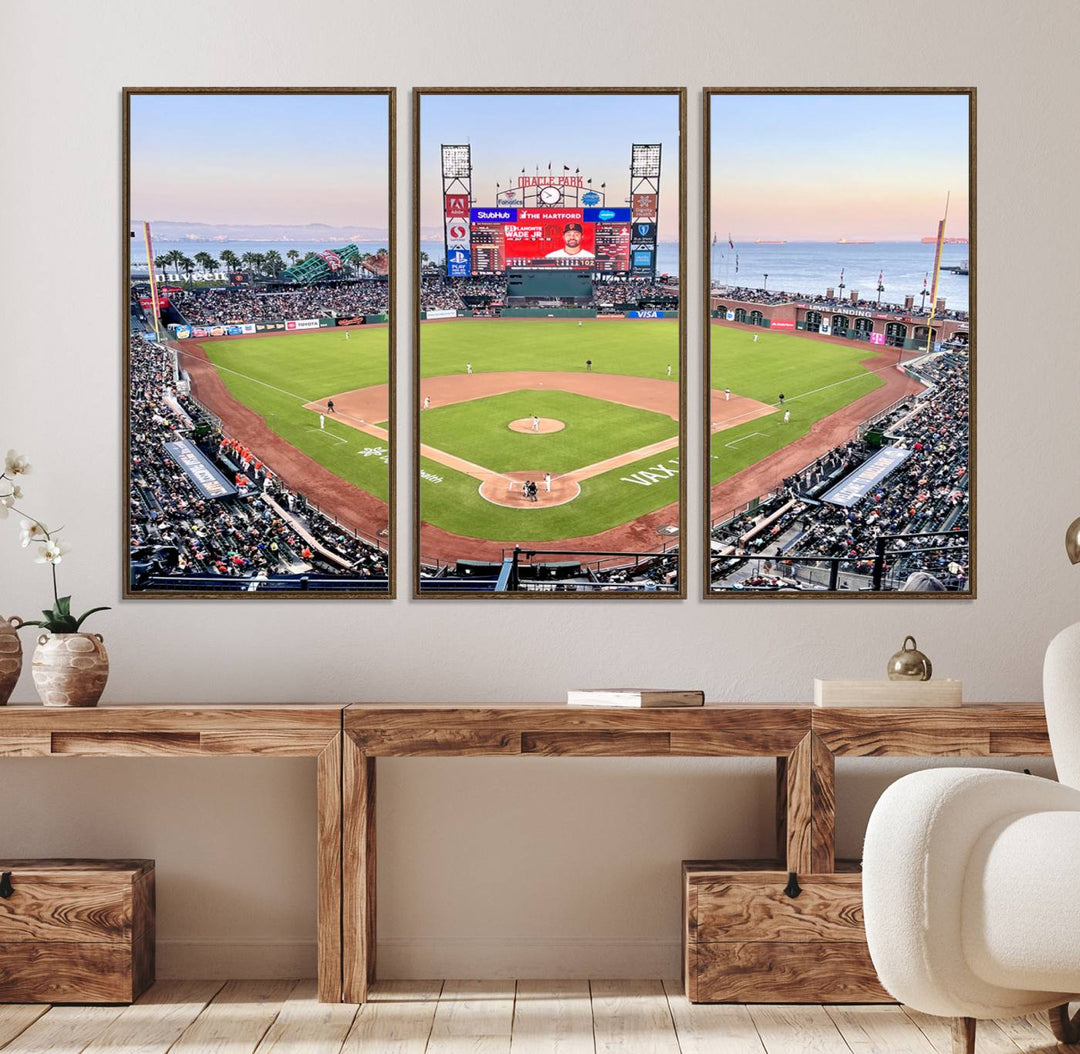 Gallery-quality canvas print of Oracle Park Stadium showcasing a waterfront view from behind home plate.