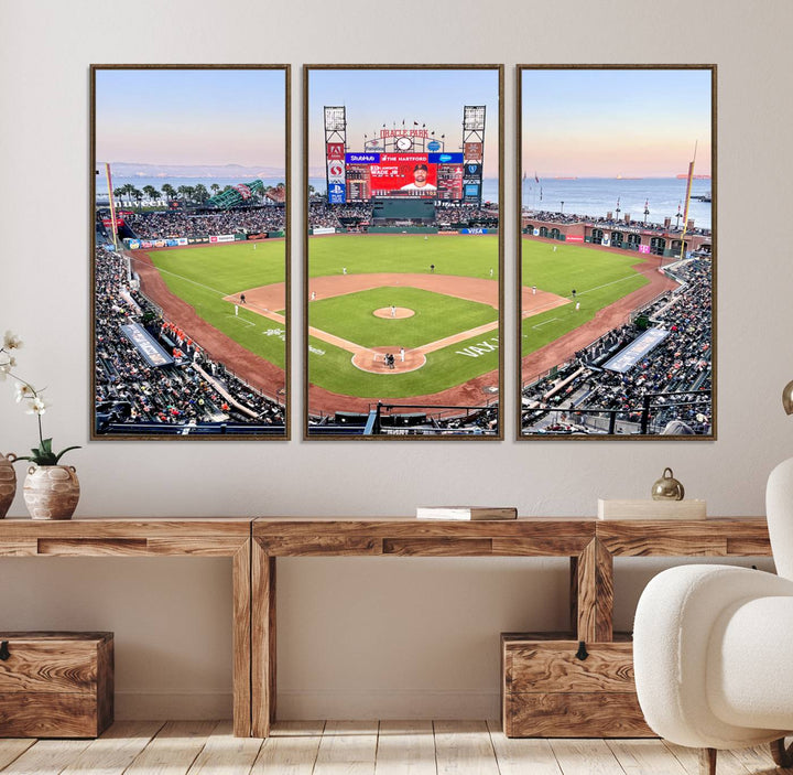 Gallery-quality canvas print of Oracle Park Stadium showcasing a waterfront view from behind home plate.
