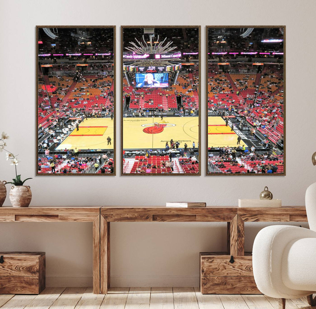 A Miami Heat Basketball Print showcases Kaseya Center Stadium Wall Art with a grand scoreboard.