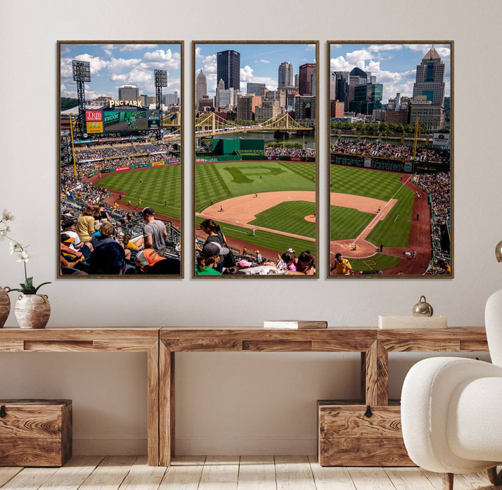 PNC Park Stadium canvas print features a lush field and city skyline, ready to hang.