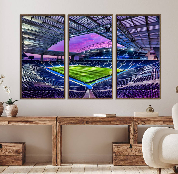 The FC Porto Soccer Team Dragon Stadium Wall Art Canvas Print decorates the room.