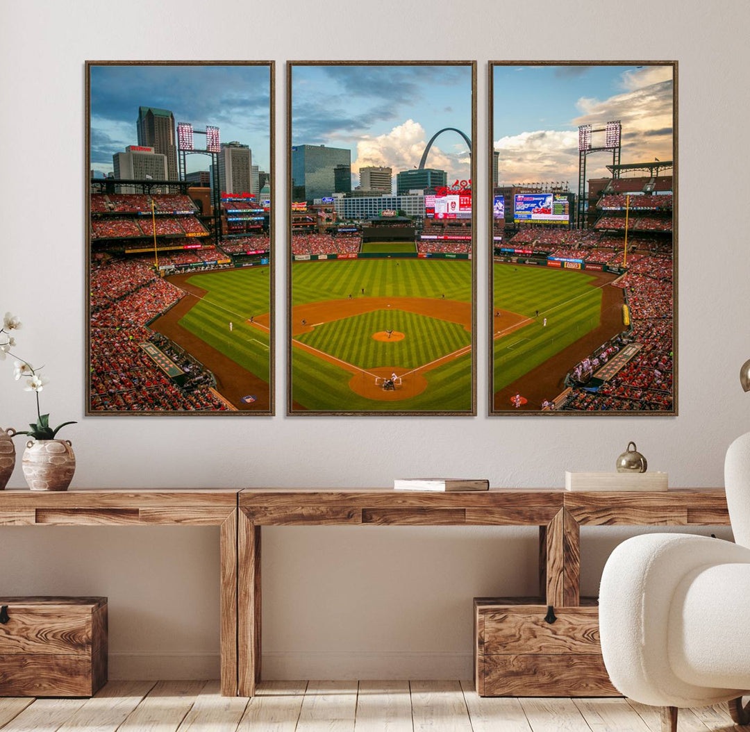 Canvas art of the St. Louis Cardinals Busch Stadium, capturing the citys skyline.