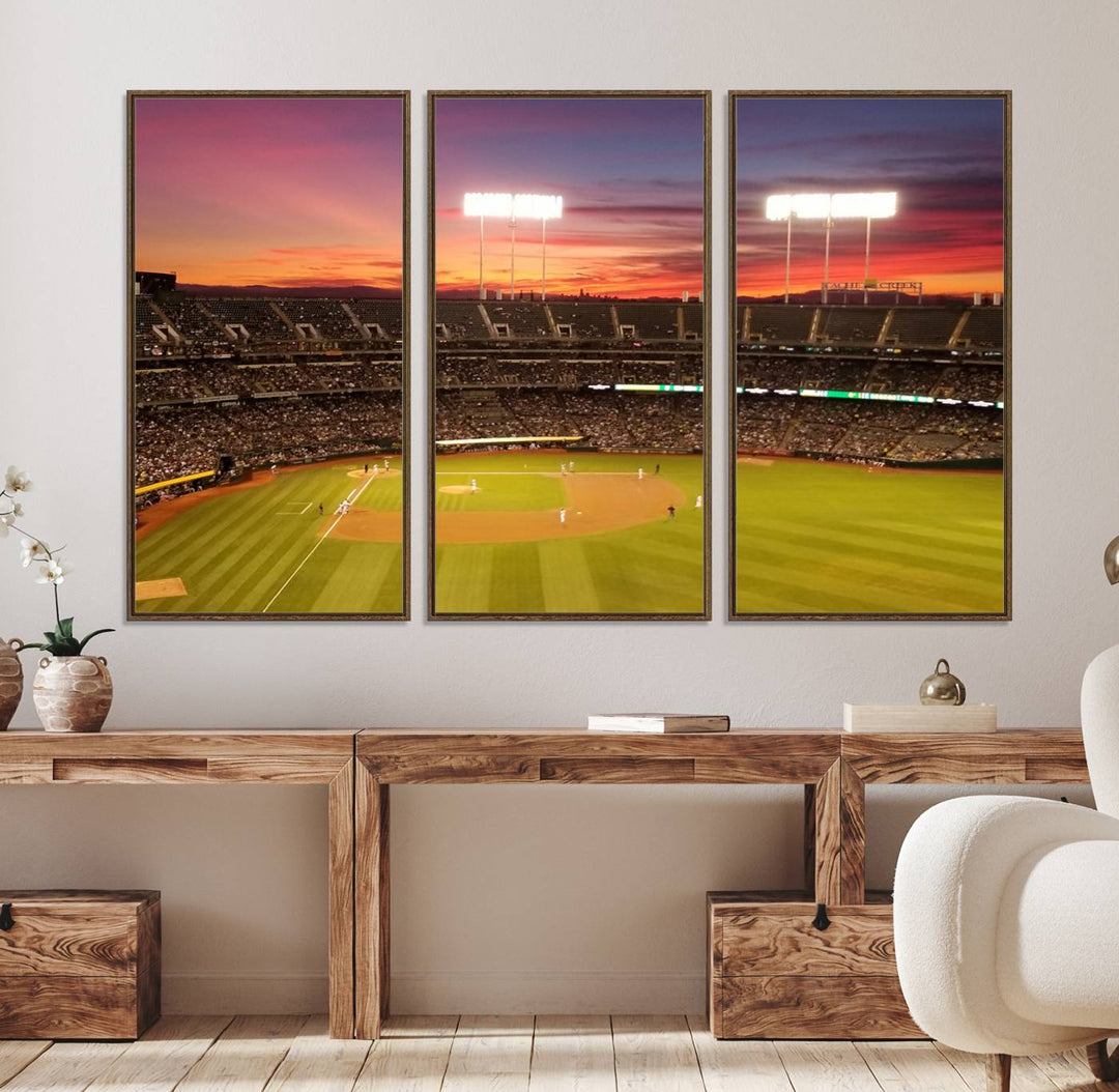 The Oakland Coliseum print is a museum-quality canvas depicting a full crowd and a sunset.