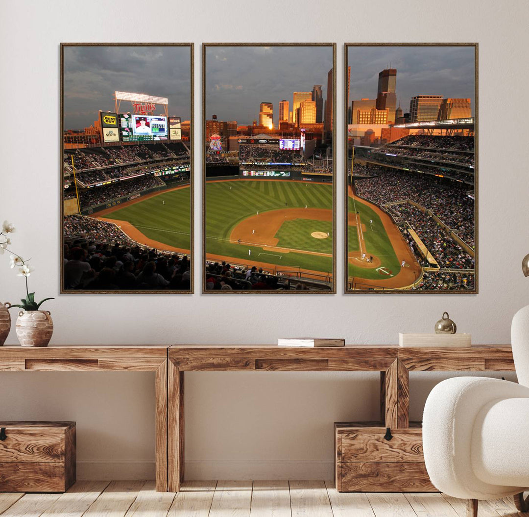 Baseball at Target Field, sunset game, city skyline view.