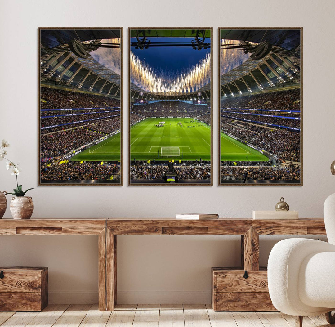 A stunning Tottenham Hotspur Stadium wall art captures the energy of a stadium packed with fans and vibrant lights.