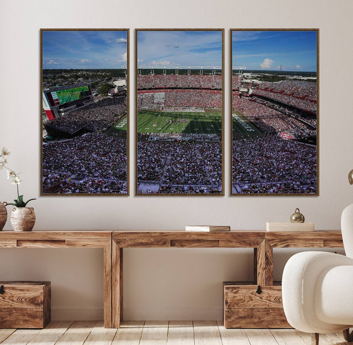 The wall art is a South Carolina Gamecocks print, showcasing Williams-Brice Stadium from a distance under clear skies.