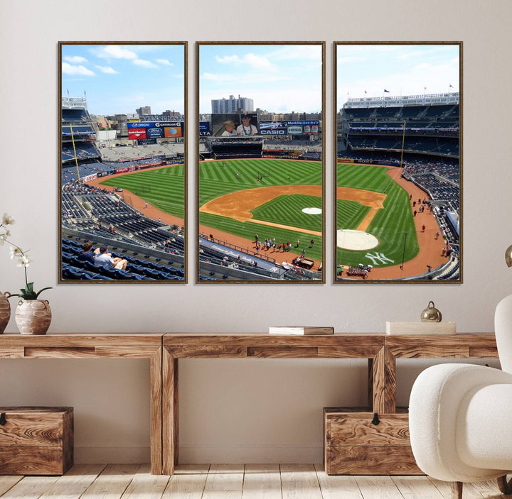 The living room features a Buffalo Bills Stadium wall art.