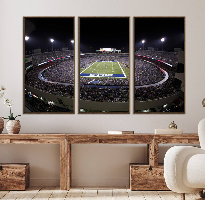 The Buffalo Bills NFL Highmark Stadium at night print captures the bright lights, conveying an exhilarating atmosphere.