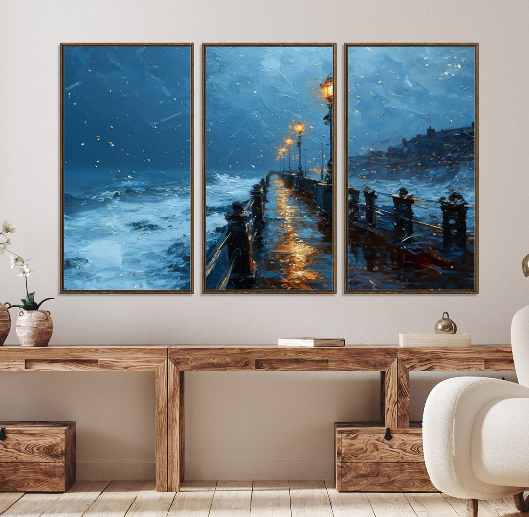 A framed oil painting depicts a stormy night at a beach pier, with glowing lamps and waves beneath a snow-filled sky.